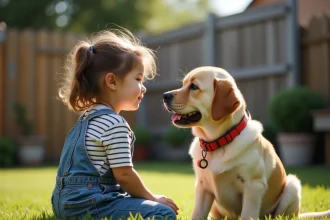 Jeune fille et chien de catégorie 3 avec muselière dans un jardin sécurisé, illustrant la cohabitation sécurisée entre enfant et grand chien