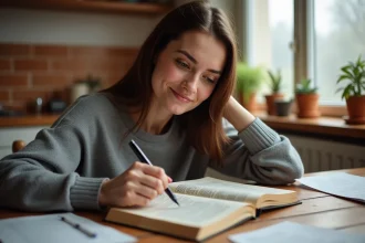 Femme consultant un dictionnaire français pour trouver des animaux en I au petit bac