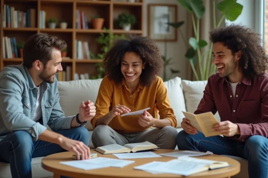 Groupe d'amis jouant au petit bac en consultant un dictionnaire pour tricher légalement