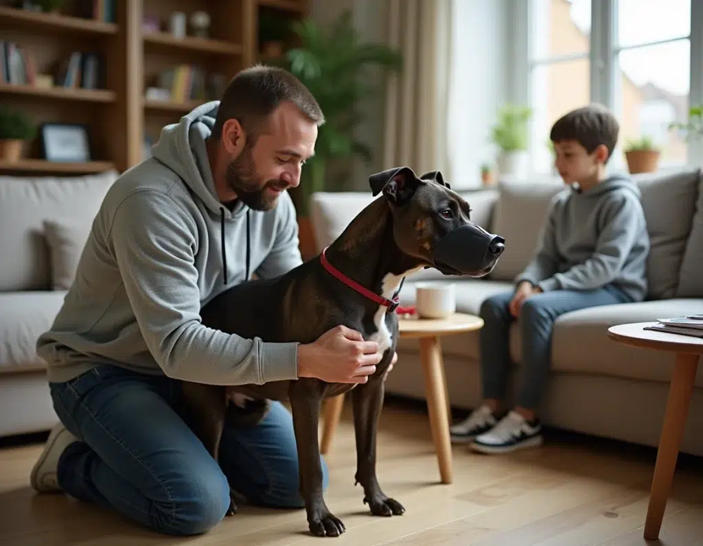 Père équipant un Staffordshire Bull Terrier d'une muselière sous le regard de son fils, démontrant les bonnes pratiques de sécurité avec un chien de catégorie 3 en intérieur