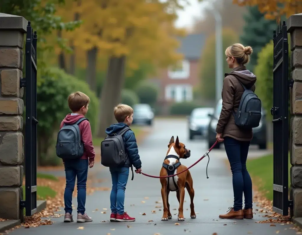 Mère et enfants sortant avec un chien American Staffordshire Terrier en laisse et muselière devant leur maison, illustrant les règles de sécurité en public avec un chien de catégorie 3