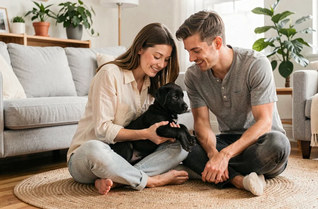 Couple adoptant un chiot Berger Allemand noir dans un appartement chaleureux, interaction naturelle et bienveillante