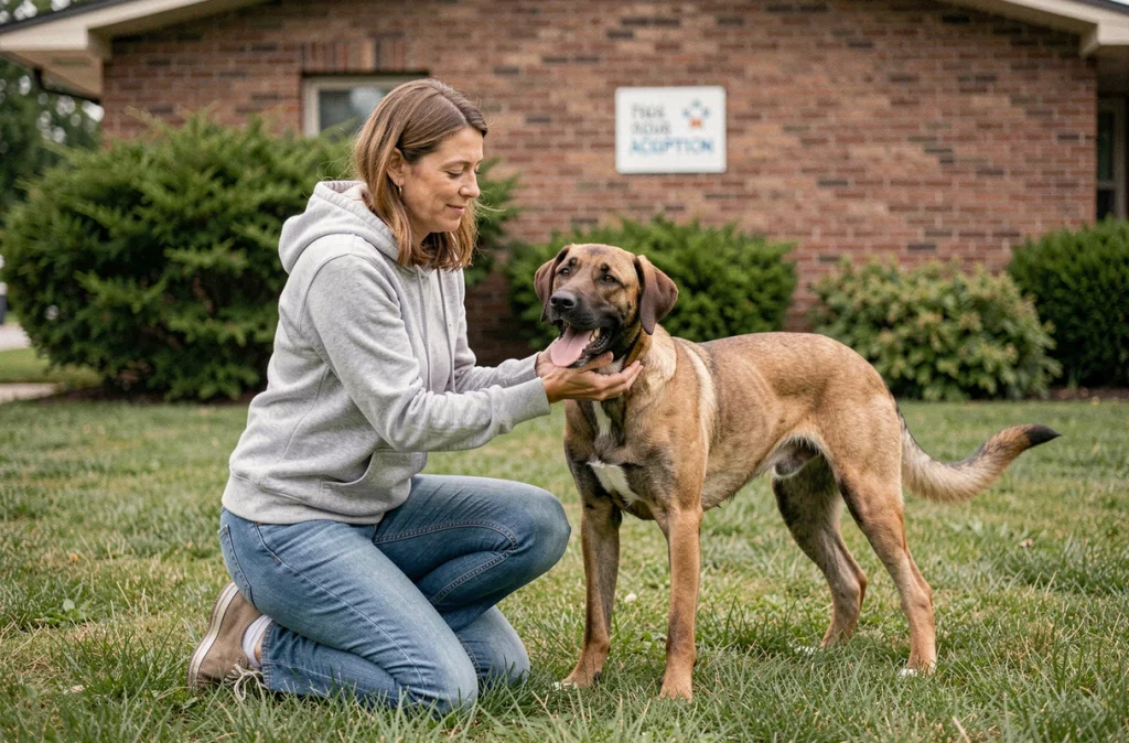 Femme adoptant un chien malinois lab mix devant un centre d'adoption, interaction naturelle et bienveillante en extérieur