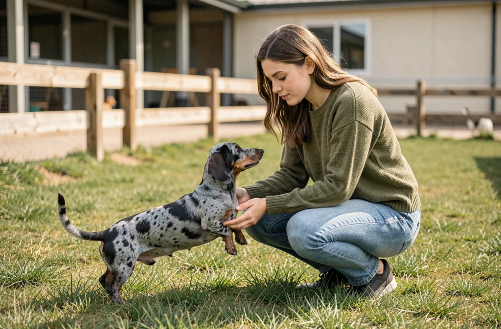 Femme adoptant un teckel arlequin poil ras dans la cour d'un refuge, première rencontre émouvante entre la chienne et sa future maîtresse