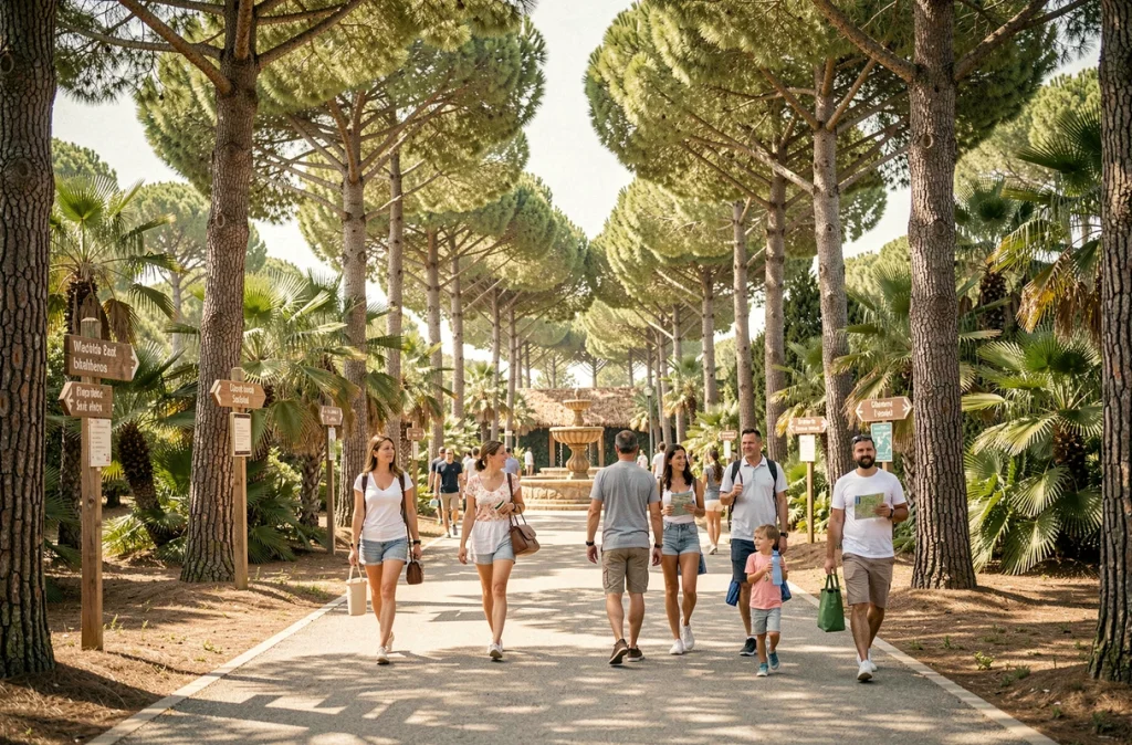 Allée principale du Zoo de La Palmyre bordée de pins et de palmiers avec des visiteurs en balade estivale
