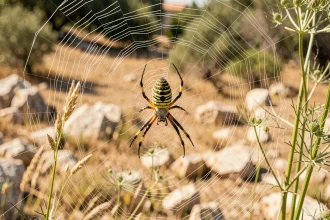 Araignée Argiope bruennichi au centre de sa toile en zigzag dans une prairie provençale, identification visuelle de l'araignée du sud de la France