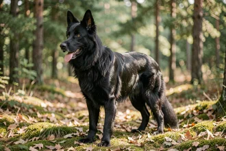 Berger Allemand noir adulte en pleine nature, debout dans une forêt avec un regard alerte et un pelage noir brillant