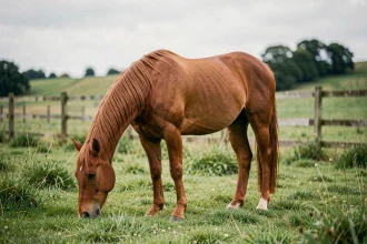 Cheval châtain en liberté dans un pré verdoyant, illustrant l'importance d'un mode de vie naturel sur l'espérance de vie du cheval