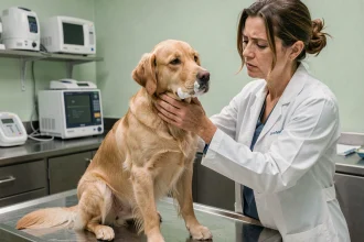 Chien golden retriever bavant mousse blanche examiné par une vétérinaire en clinique