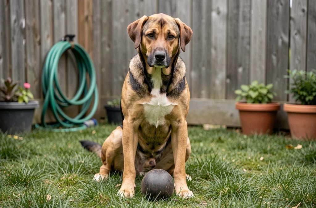 Croisé Labrador Malinois jouant avec un jouet à mâcher dans le jardin, solution pour chien destructeur