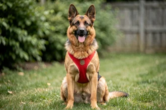 Berger Allemand portant un harnais rouge évoquant les chiens de la Pat' Patrouille dans un cadre naturel