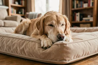 Vieux golden retriever allongé sur un lit orthopédique moelleux pour chien souffrant de douleurs articulaires