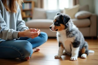 Chiot Berger Australien de 8 semaines en séance d'éducation positive à l'intérieur, regardant attentivement une friandise tenue par sa maîtresse