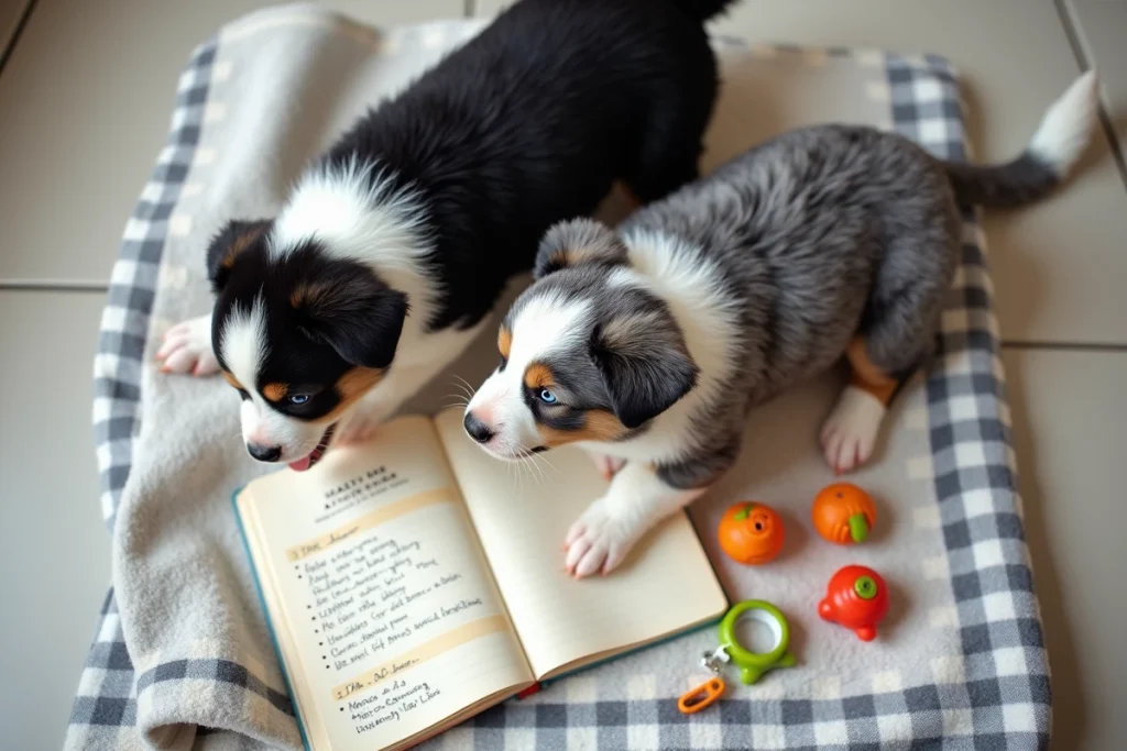 Deux chiots Berger Australien jouant sur une couverture à côté d'un planning hebdomadaire d'éducation écrit à la main, vue de dessus