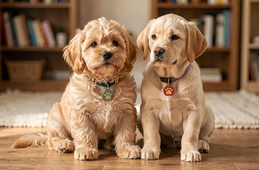 Cockapoo et Labrador Retriever portant des médailles patte assis côte à côte dans un intérieur chaleureux, inspirés des personnages de la Pat' Patrouille