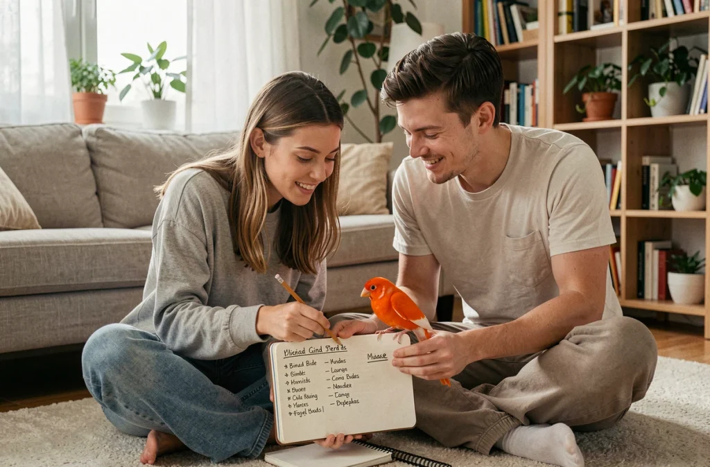 Couple jeune cherchant un prénom pour leur canari en consultant une liste manuscrite à la maison