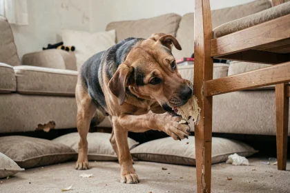 Croisé Labrador Malinois en train de mâcher une chaise en bois dans un salon, comportement destructeur à la maison