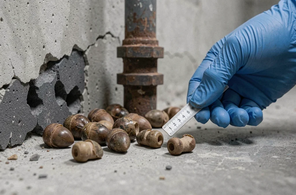 Crottes de rat dans un sous-sol avec gant d'inspection et règle pour mesurer la taille, identification visuelle