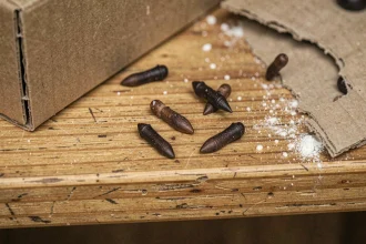 Crottes de souris sur une étagère en bois de cuisine, vue de dessus en macro, pour identification visuelle