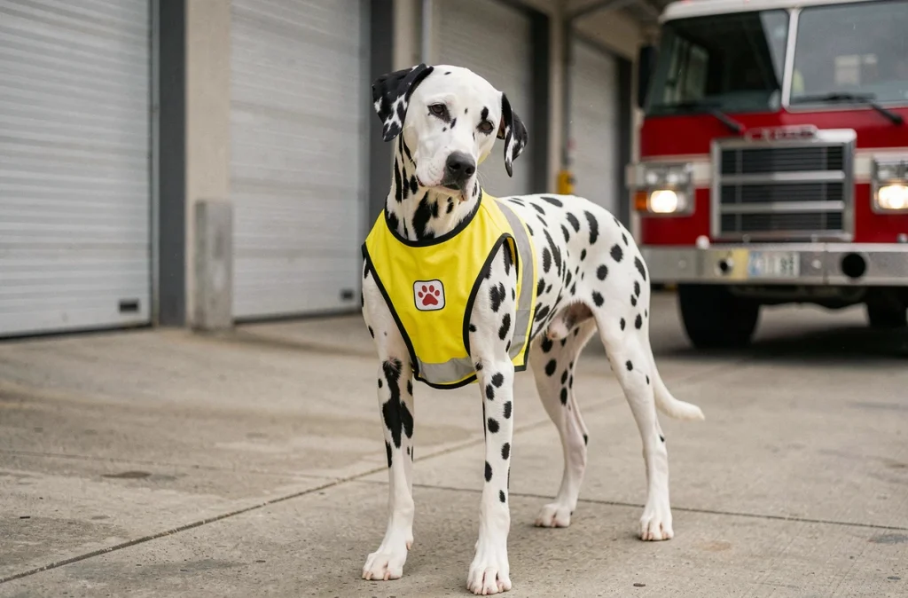 Dalmatien en gilet de sauveteur jaune devant une caserne de pompiers, rappelant le personnage de la Pat' Patrouille