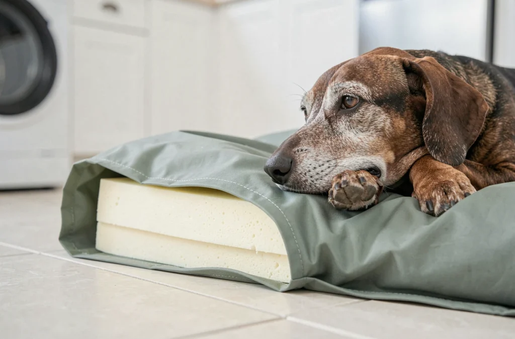 Détail d'un lit orthopédique pour chien avec mousse à mémoire de forme et teckel senior en position de repos