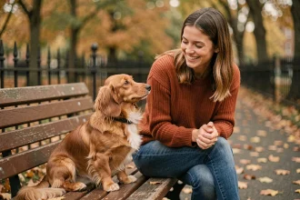 Femme en pull roux faisant de l'éducation positive avec son teckel nain poil long sur un banc de parc en automne