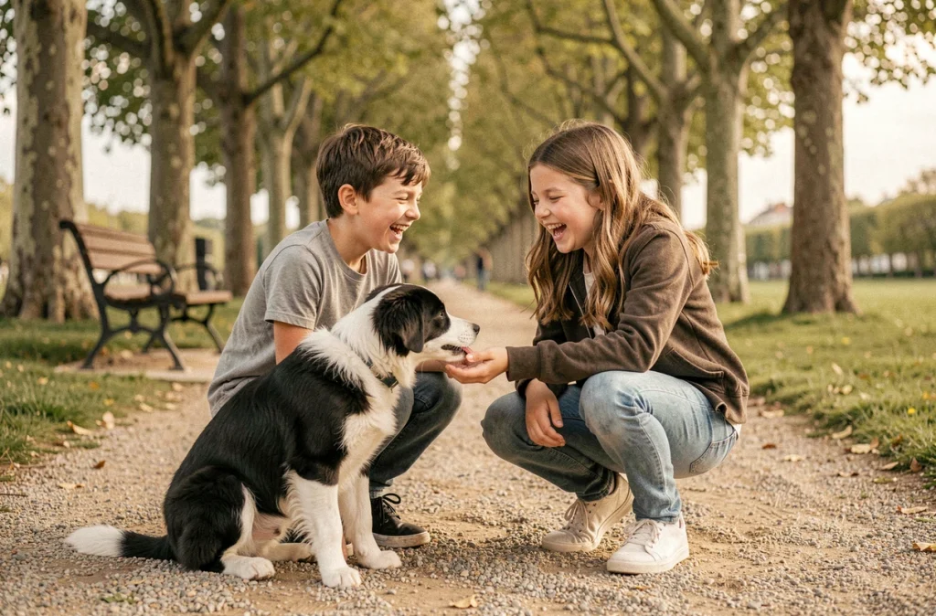 Enfants jouant avec un chiot border collie dans un parc public de Bordeaux en Gironde