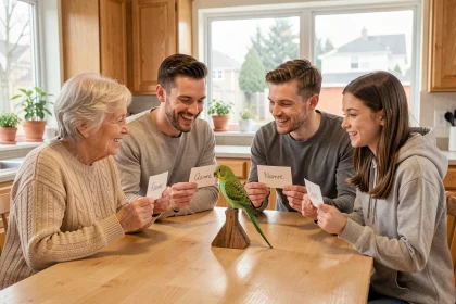 Famille réunie dans la cuisine autour d'une perruche verte pour choisir son prénom ensemble
