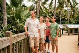 Famille visitant le Zoo de La Palmyre près de Royan, devant une clôture en bois entourée de végétation tropicale