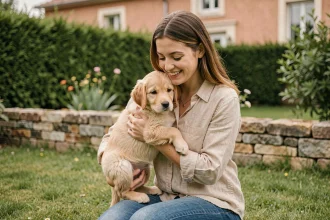 Jeune femme tenant un chiot golden retriever dans ses bras dans un jardin en Gironde