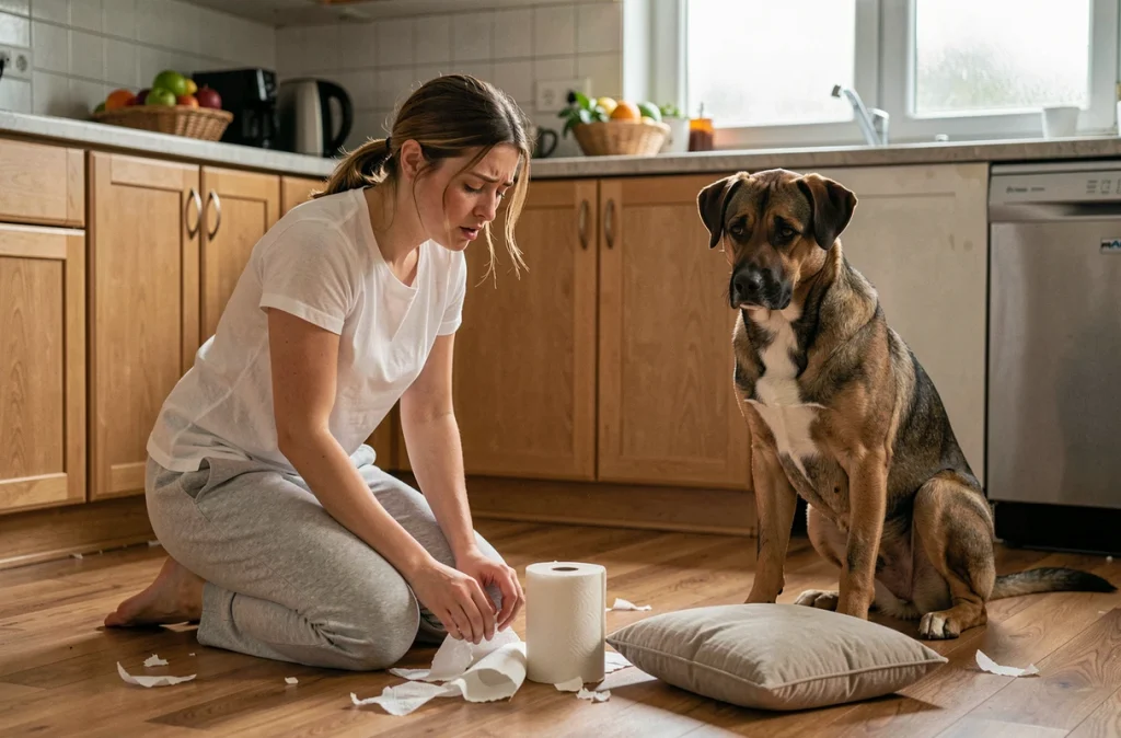 Femme regardant les dégâts causés par son chien croisé Labrador Malinois dans la cuisine, solutions comportementales