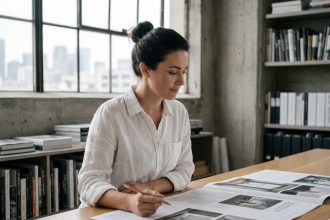 Femme journaliste révisant des maquettes éditoriales dans un bureau moderne aux murs en béton et grandes fenêtres industrielles