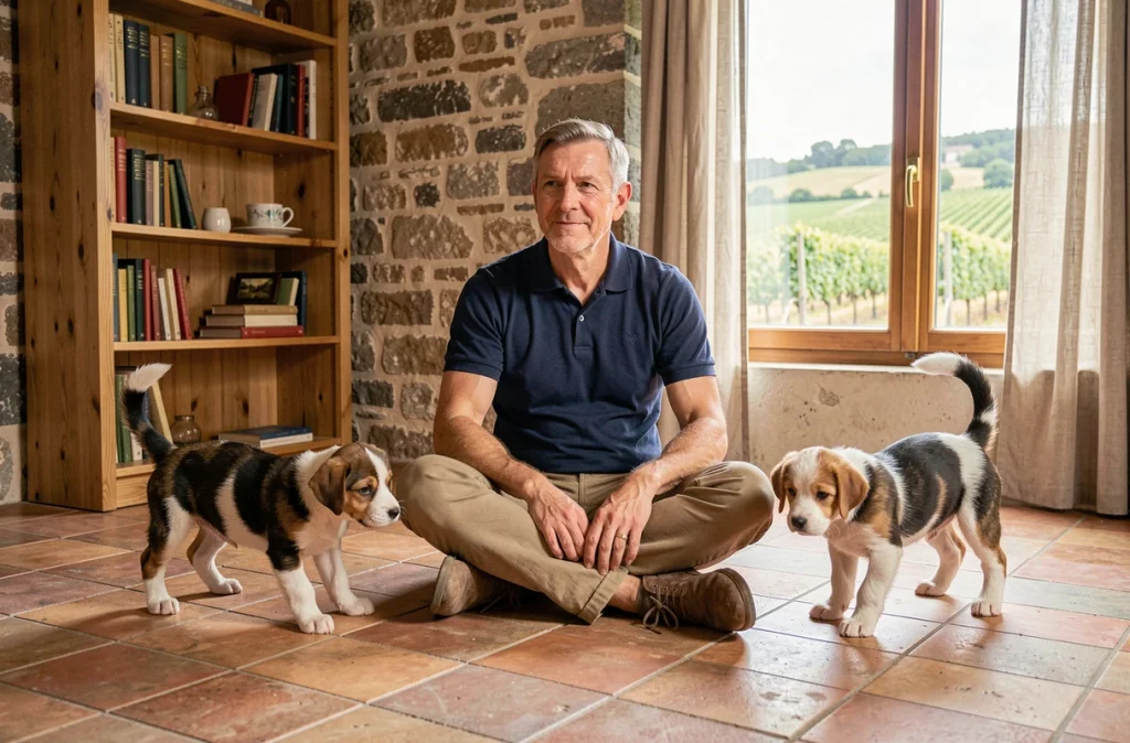 Homme assis avec plusieurs chiots à adopter dans une maison de campagne en Gironde