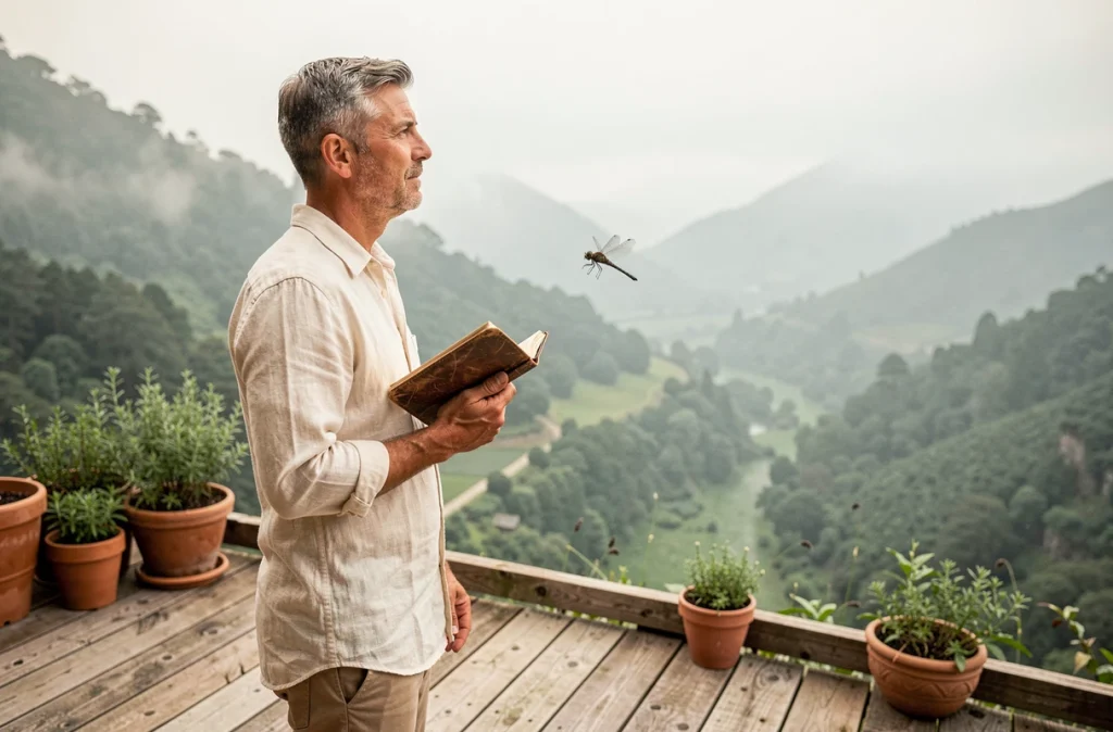 Homme contemplatif sur une terrasse en bois face à une vallée brumeuse avec une libellule en vol, illustration de la connexion angélique et spirituelle