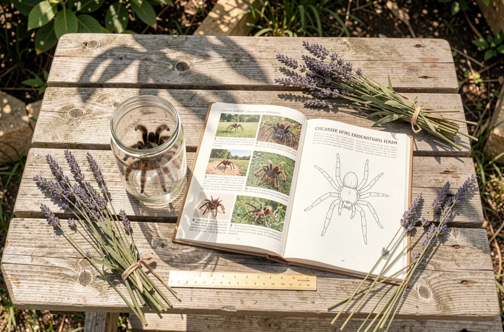 Matériel d'identification d'araignée lycose dans un jardin du Languedoc, guide terrain et spécimen pour reconnaître les araignées du sud de la France