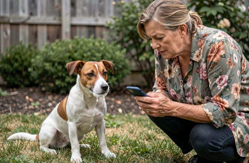 Jack Russell terrier avec bave mousseuse blanche dans un jardin, propriétaire appelant le vétérinaire