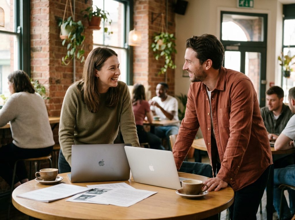 Deux journalistes collaborant sur des articles autour d'une table dans un espace de coworking au style chaleureux et végétal