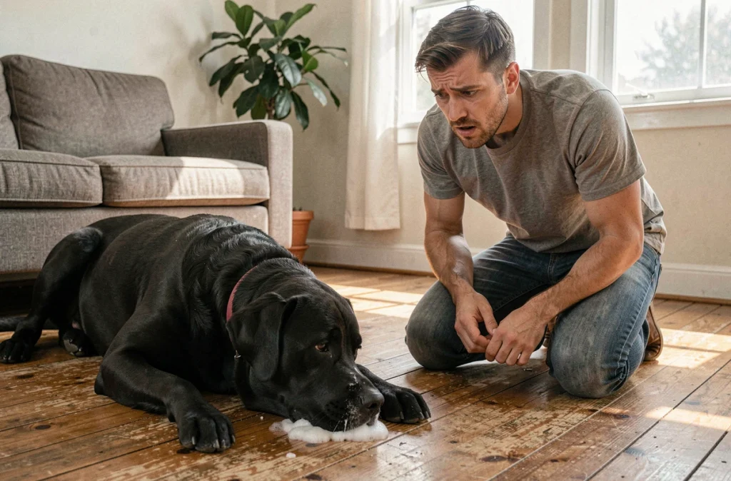 Labrador noir allongé avec mousse blanche autour de la gueule, propriétaire inquiet à ses côtés