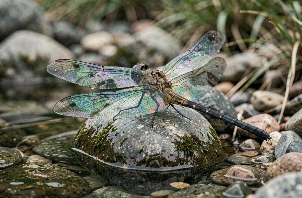 Gros plan hyper-réaliste d'une libellule aux ailes irisées posée sur une pierre de rivière, symbole spirituel et angélique en 2026
