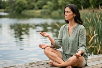 Femme en méditation spirituelle avec une libellule posée sur sa main près d'un étang paisible, symbolisant la signification angélique de la libellule