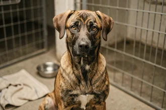 Malinois lab mix assis dans un chenil de refuge animalier, regard expressif et attentif, ambiance réaliste de shelter