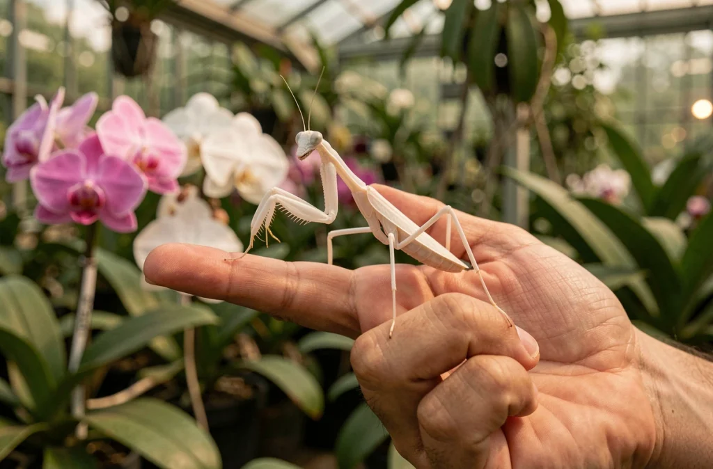 Mante orchidée exotique Hymenopus coronatus posée sur une main humaine dans une serre tropicale