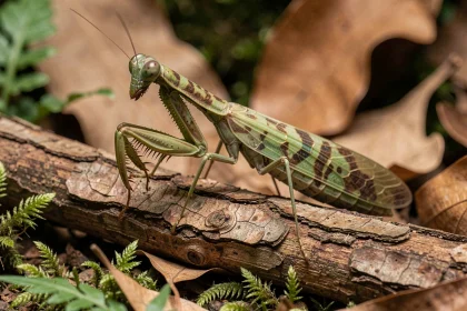 Mante religieuse rare en gros plan sur une branche d'écorce dans un terrarium naturalisé