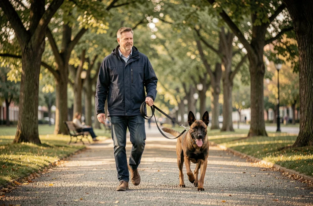 Homme en promenade d'évaluation avec un chien malinois lab mix en parc, adoption responsable et comportement du chien observé