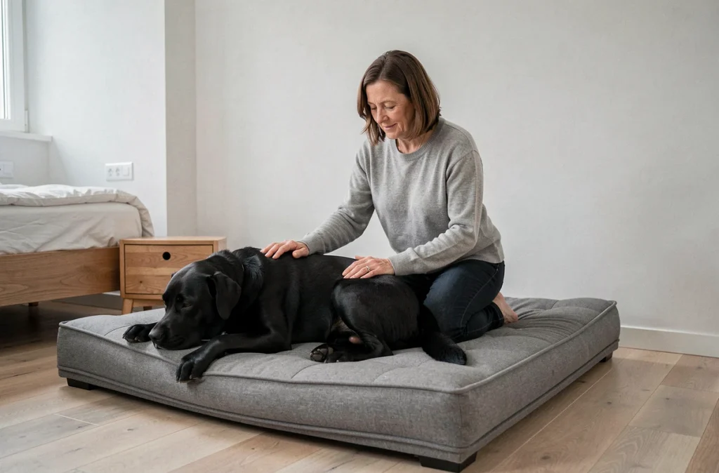 Femme soignant son labrador senior allongé sur un couchage orthopédique surélevé adapté aux douleurs articulaires