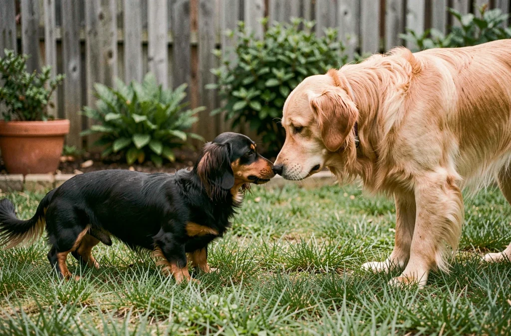 Socialisation d'un teckel nain poil long avec un golden retriever dans un jardin résidentiel