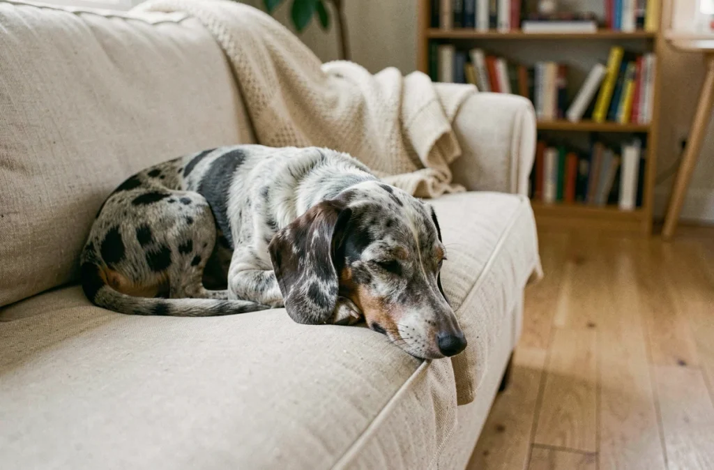 Teckel arlequin poil ras allongé sur un canapé dans un appartement chaleureux après son adoption en refuge, chien détendu et épanoui