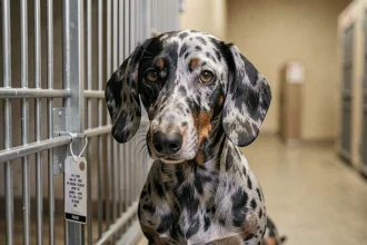 Teckel arlequin poil ras au pelage merle gris et noir derrière les barreaux d'un box en refuge animalier, regard attentif et expressif