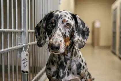 Teckel arlequin poil ras au pelage merle gris et noir derrière les barreaux d'un box en refuge animalier, regard attentif et expressif