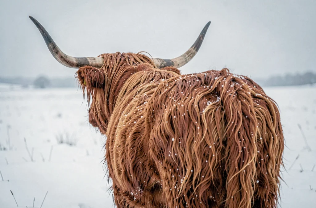 Vache Highland fluffy de dos dans un champ enneigé en hiver, flocons accrochés aux longs poils roux